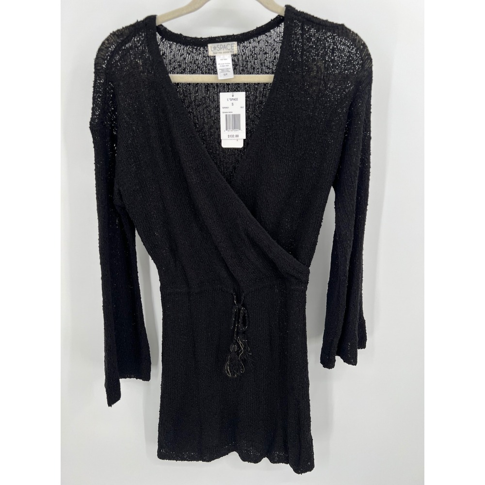 L*Space Topanga Dress Black Knit Boho Tassel Mini Cover-Up Bell Sleeve Small NWT